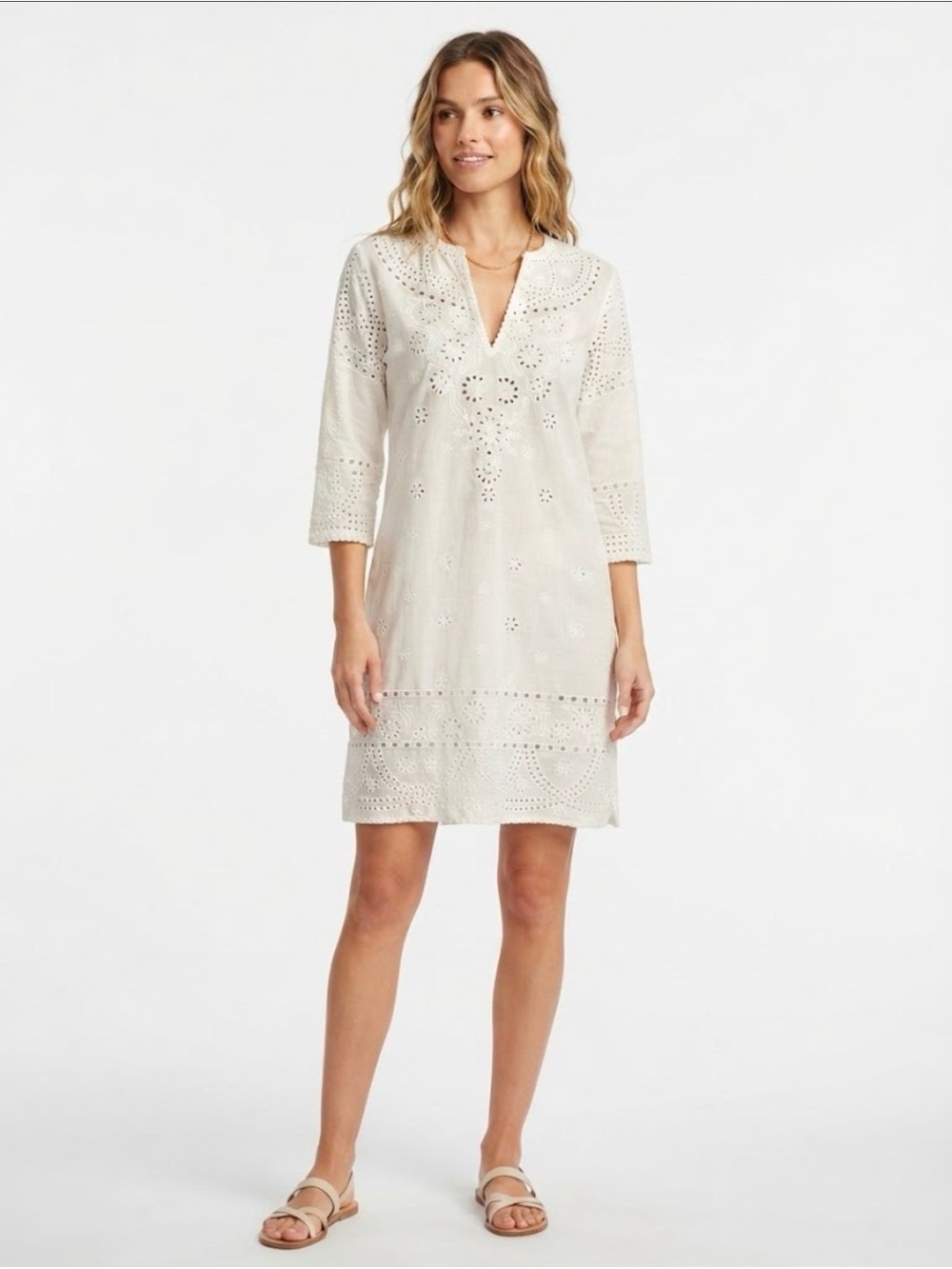Gretchen Scott White Eyelet Embroidered 100% Ramie Cover-Up / Tunics Dress XS